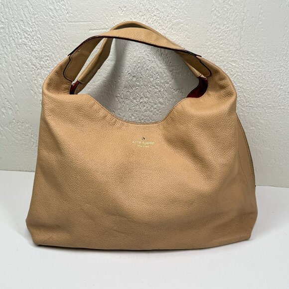 Kate Spade Mansfield Juniper Hobo Shoulder Bag Beige Leather Dual Zip Slouchy - Picture 1 of 16
